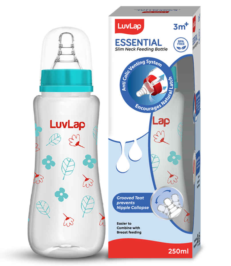 LuvLap Anti-Colic Slim/Regular Neck Essential Baby Feedding Bottle, 250ml, upto 3m+, BPA Free