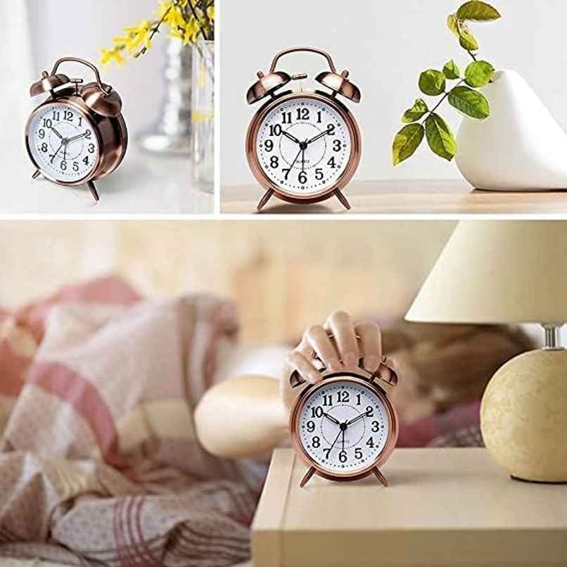 Perpetual Alarm Analog Clock | Non-Ticking Quartz with Backlight | Vintage Copper - 11.4 cm