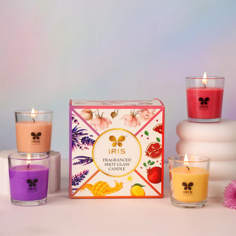 Shot Glass Candles | Damask Rose,Mango Sorbet,Peach & Pomegranate | Pack of 4 | IRIS