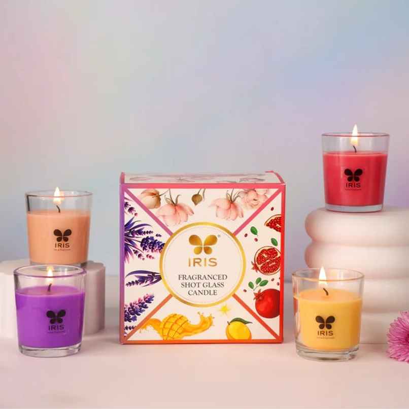 Shot Glass Candles | Damask Rose,Mango Sorbet,Peach & Pomegranate | Pack of 4 | IRIS