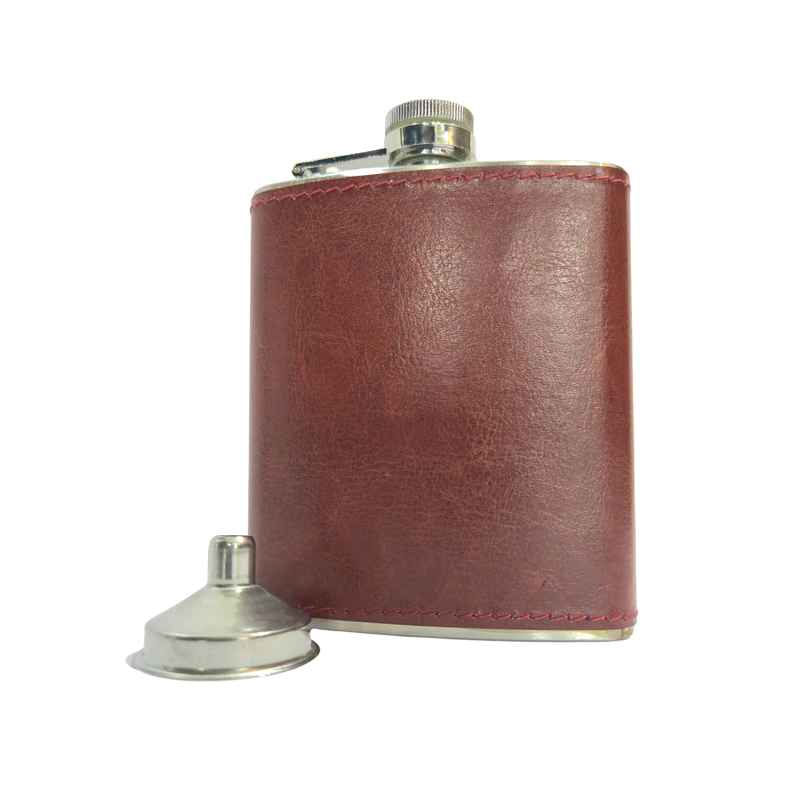 Happyware Stainless Steel Travel Drink Hip Flask | Tan Leatherette | 230 ml