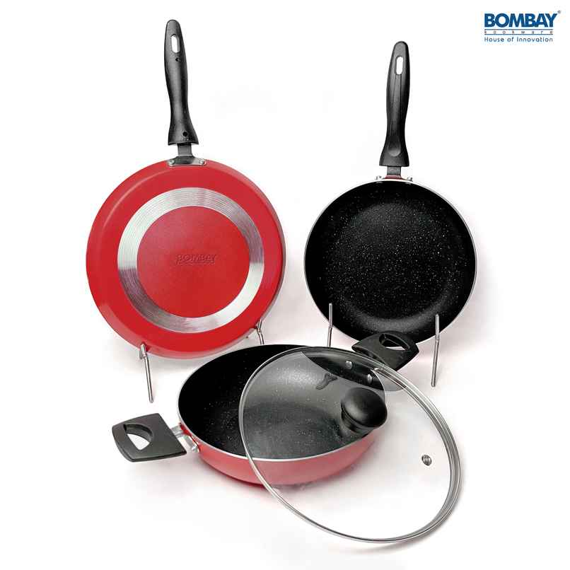 Bombay Kookware Gift Set Non-Stick Dosa Tawa-25.5 cm, Kadai-1.8 L, Fry Pan-1L, 1 Glass Lid
