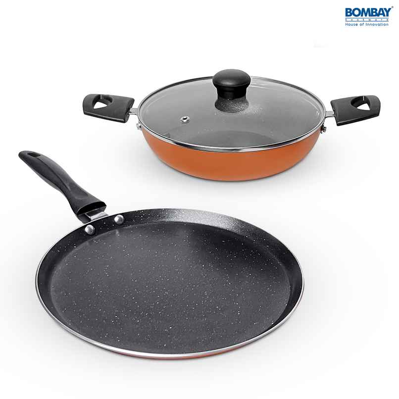 Bombay Kookware Gift Set Non-Stick Dosa Tawa-25 cm and Kadai-1.8 L With 1 Glass Lid