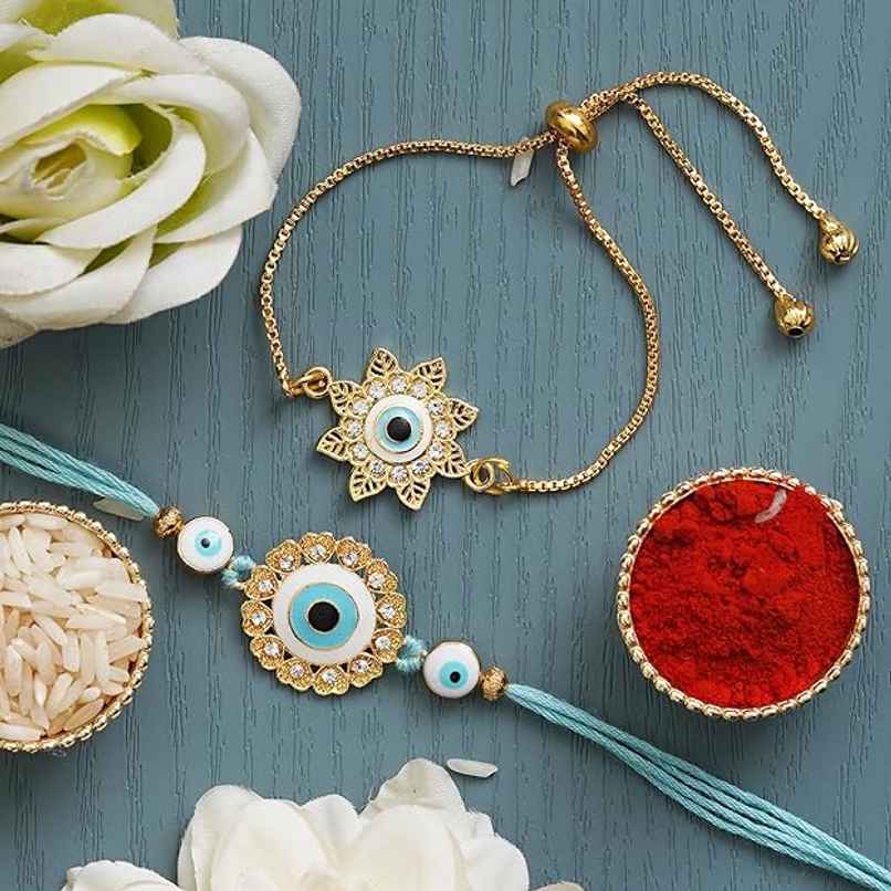 Bhaiya Bhabhi Bracelet Rakhi | Floral Evil Eye Designer | Includes Roli Chawal | Pack of 2 | Ecraftindia