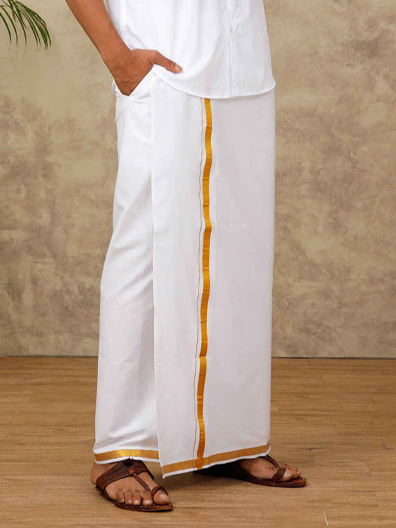 Ramraj Cotton Traditional Velcro Dhoti /Mund /Veshti with Gold Zari Border | White - Free Size Ramraj Cotton Traditional Velcro Dhoti /Mund /Veshti with Gold Zari Border | White - Free Size