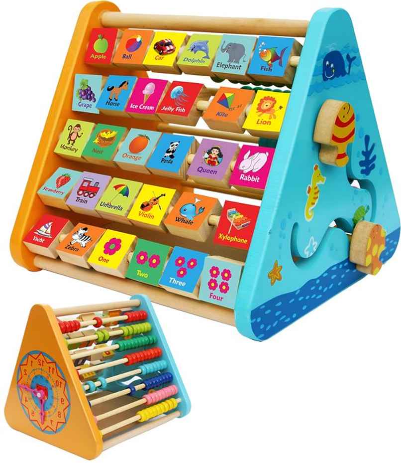 Toyshine 5 In 1 Wooden Activity Centre Triangle Toy Alphabet Blocks Abacus Clock Writing