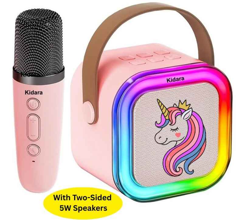 Kidara Unicorn Karaoke Double Sided Speaker With One Mic | Lights Bluetooth | Pink Unicorn