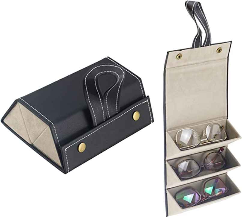 Awestuffs 3 Slots Foldable PU Leather Sunglasses Case | Hanging Eyeglasses Storage Box | Unisex Awestuffs 3 Slots Foldable PU Leather Sunglasses Case | Hanging Eyeglasses Storage Box | Unisex