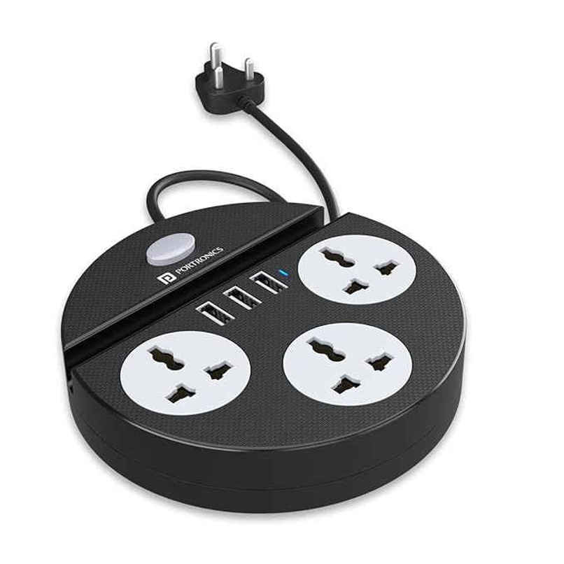 Portronics Power Plate 5, 1500W Power Converter with USB Charger & Mobile Holder 3AC Socket + 3USB Ports, 1.5 m Cord Length - Black