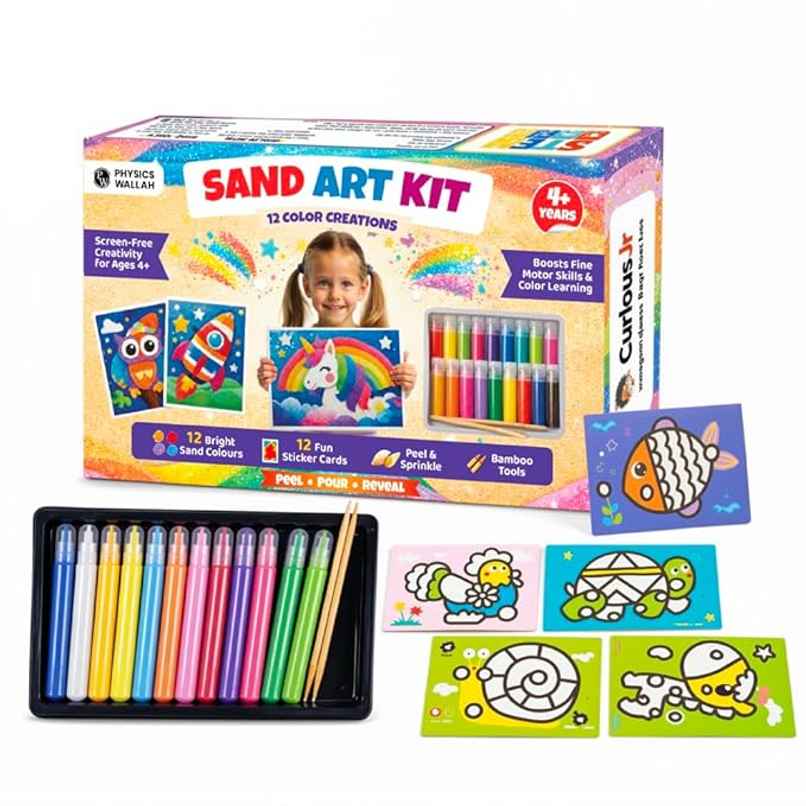 DIY Sand Art Activity Kit for Kids | Animal Themed | 12 Sand Colours | 12 Sticker Cards | 2 Bamboo Tools | Mess Free Art Craft Kit | Physics Wallah