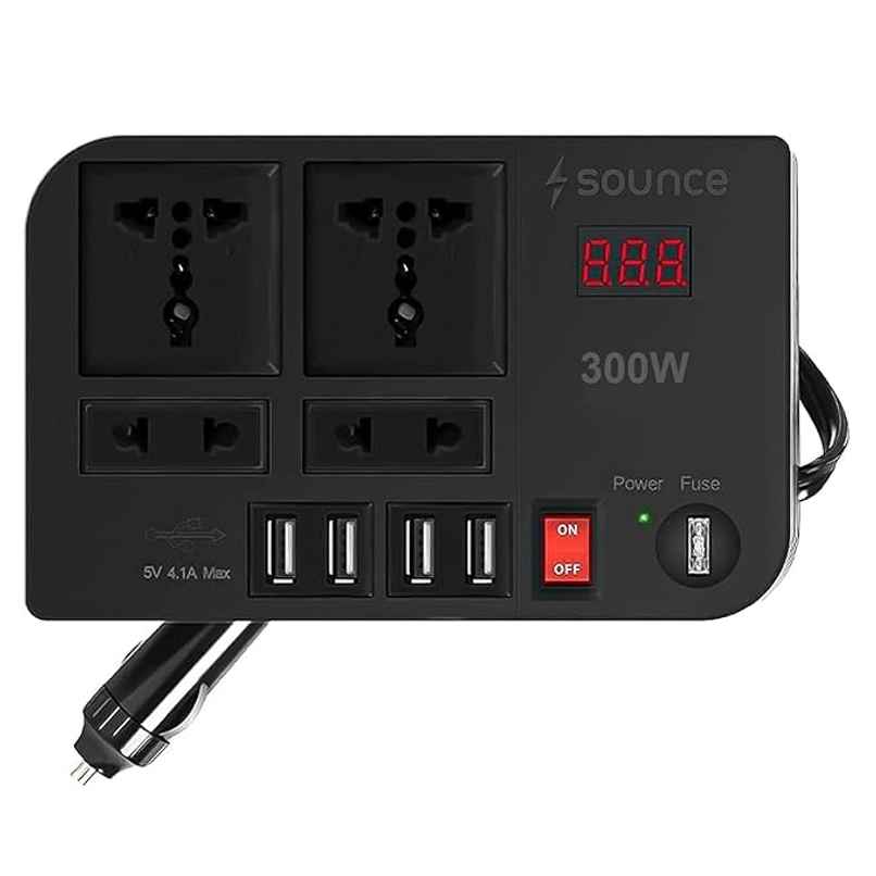 Sounce 300W Car Inverter | 4 USB Ports | DC 12V to 220V with LED Voltage Display & Fuse | Black Sounce 300W Car Inverter | 4 USB Ports | DC 12V to 220V with LED Voltage Display & Fuse | Black