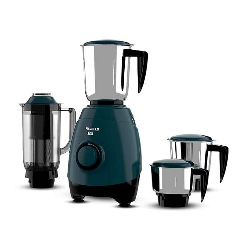 Havells ESO Mixer Grinder | 750 W | 4 Jars | 304 SS Blades | High Speed | 21000 RPM - Teal & Black