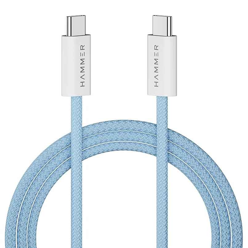 HAMMER Type C to Type C Cable 65W Braided, PD Fast Charging, Data Sync, 1.5 Meter Tangle Free Wire, Compatible with all C-Type Enabled Devices - Blue HAMMER Type C to Type C Cable 65W Braided, PD Fast Charging, Data Sync, 1.5 Meter Tangle Free Wire, Compatible with all C-Type Enabled Devices - Blue