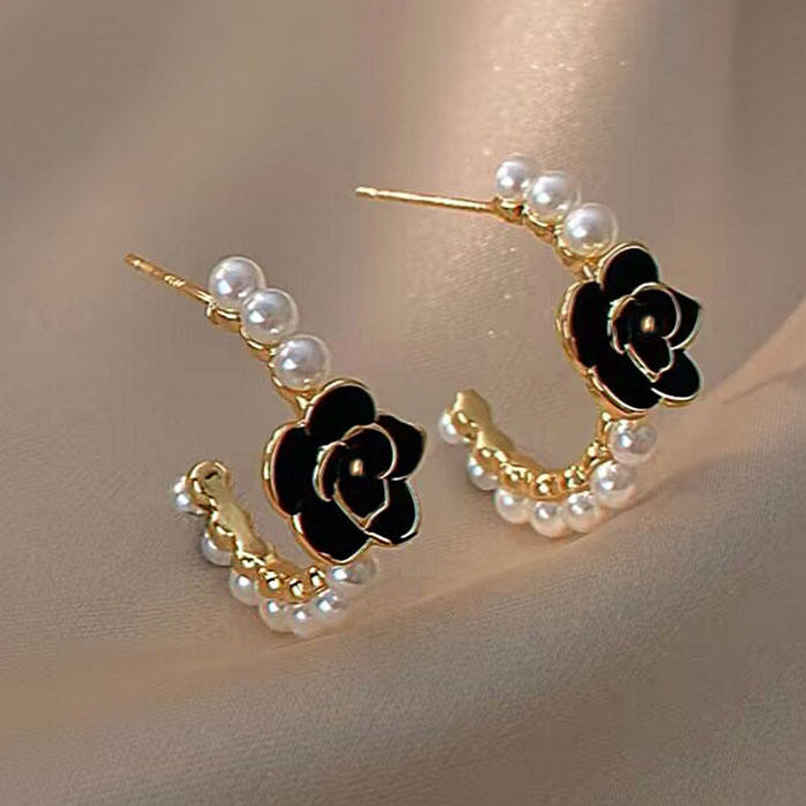 Beautynx Black Rose Pearl Hoop Earrings | BNX-EAR-0055 - Gold Beautynx Black Rose Pearl Hoop Earrings | BNX-EAR-0055 - Gold