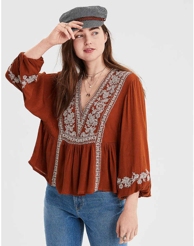 GoSriKi Women's Rayon Viscose Embroidered Boho Peplum Top | V-Neck | Floral Thread Work | Long Sleeves | Sujan Brown | M GoSriKi Women's Rayon Viscose Embroidered Boho Peplum Top | V-Neck | Floral Thread Work | Long Sleeves | Sujan Brown | M