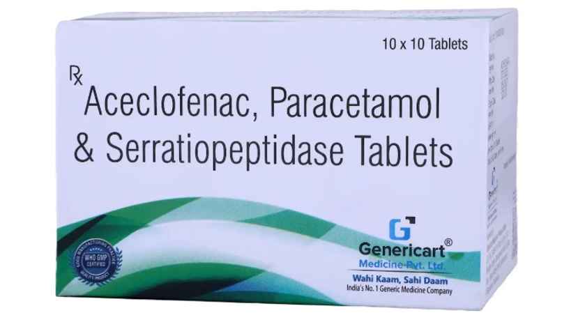 Genericart Aceclofenac 100mg + Paracetamol 325mg + Serratiopeptidase15 mg Tablet Genericart Aceclofenac 100mg + Paracetamol 325mg + Serratiopeptidase15 mg Tablet