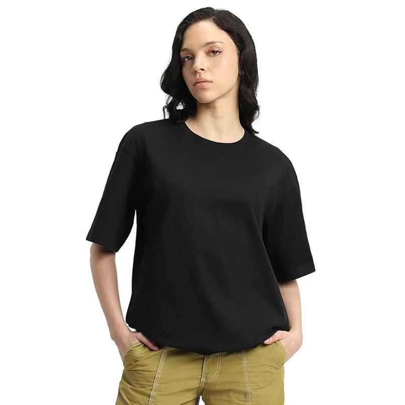 Juneberry Black Oversized Fit Round Neck T-shirt for Women - S