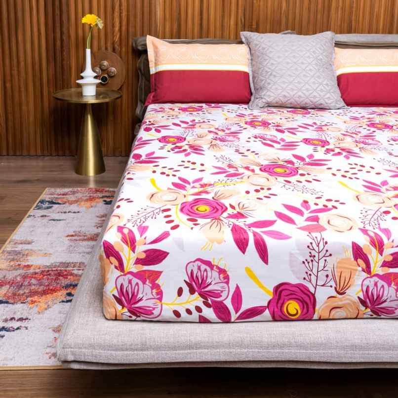 Urban Space Double 100% Cotton 144 TC Floral Bedsheet, 2 Pillow Covers | Earth Pink | 100 x 90 in