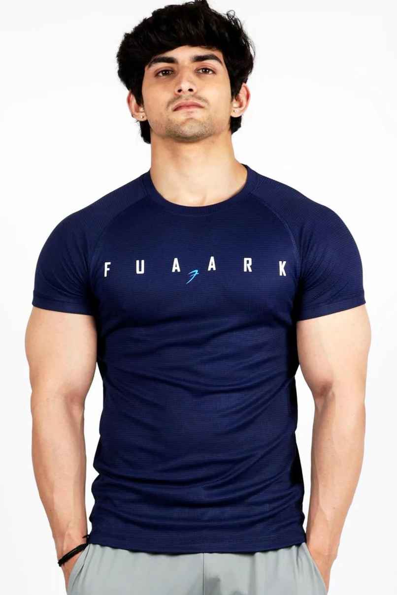 FUAARK Men's Checks Round Neck Slim Fit Gym & Active Wear Sports T-shirt | Navy Blue - S FUAARK Men's Checks Round Neck Slim Fit Gym & Active Wear Sports T-shirt | Navy Blue - S