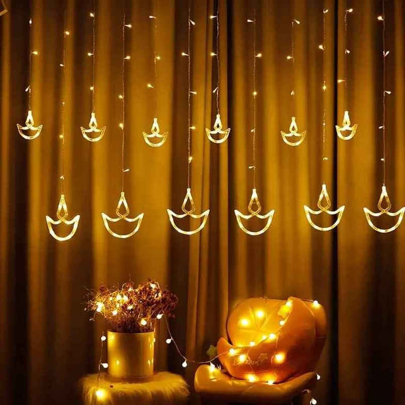 Desidiya Diya Shaped Decorative Led String Copper Lights with 12 Hanging Diyas Warm White | 2.5 m