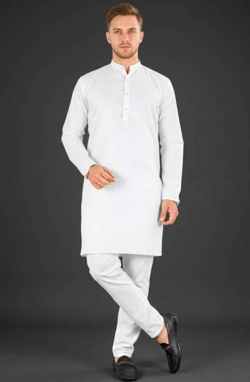 Freluro Men Solid Cotton Blend Straight Kurta | White | M