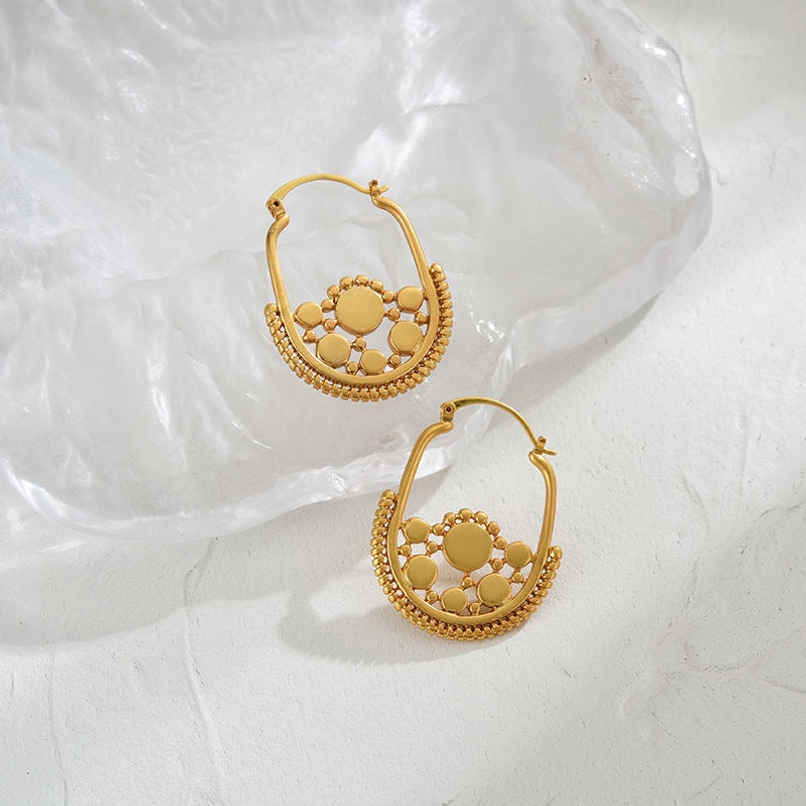 Just Lil Things Boho Chic Gold Hoop Earrings With Intricate Tribal Design | Jlt11760
