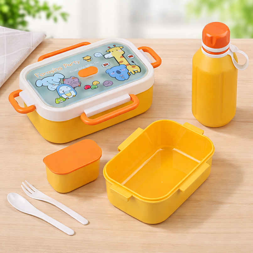 DesignLand Kids Lunch Box with 3 Compartments Leakproof Food Container with Spoon | Orange