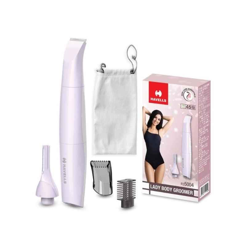 Havells 4-In-1 Lady Body Groomer, Bikini & Eyebrow Trimmer, Includes Combs & Pouch, Fd5004, Purple