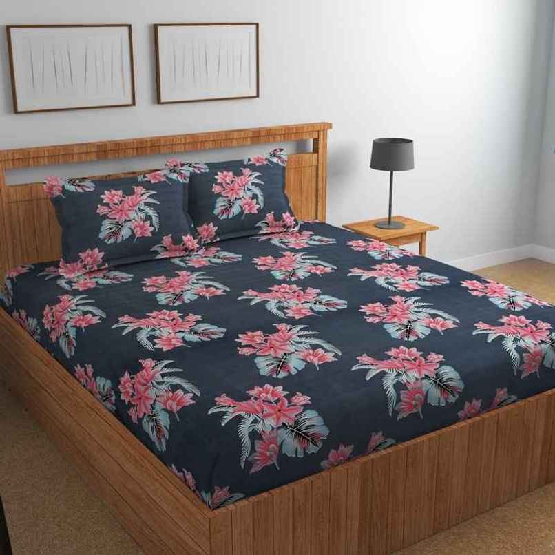 Florida Elastic Fitted Double Cotton Floral Bedsheet | With 2 Pillow Covers | Blue | 90 x 100 in