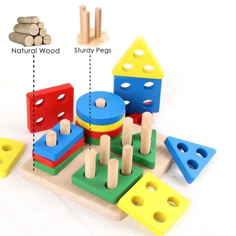 Fablue Wooden Square Shape Sorting And Stacking Blocks - Educational Learning Puzzle Toy For Kids