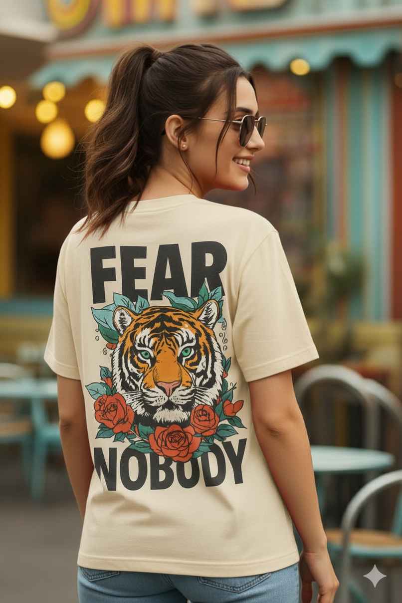 Fabflee Women's Oversize Cotton Printed Round Neck Tshirt | Beige | NEX-OS-526 | L Fabflee Women's Oversize Cotton Printed Round Neck Tshirt | Beige | NEX-OS-526 | L