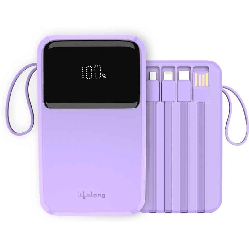 Lifelong Electronics 20000mAh 22.5W Fast Charging Power Bank | 3 Inputs (in-Built USB Cable + Lightning + Type-C Port) | 6 Outputs (3 in-Built Cables + 1 Type-C Port + 2 USB Ports) | QC 3.0 Powerbank - Purple Lifelong Electronics 20000mAh 22.5W Fast Charging Power Bank | 3 Inputs (in-Built USB Cable + Lightning + Type-C Port) | 6 Outputs (3 in-Built Cables + 1 Type-C Port + 2 USB Ports) | QC 3.0 Powerbank - Purple