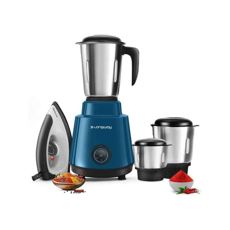 Longway Roto Max 700W Mixer Grinder + 1100W Dry Iron | 3 Jars | Powerful Motor | Teal & Black |Combo