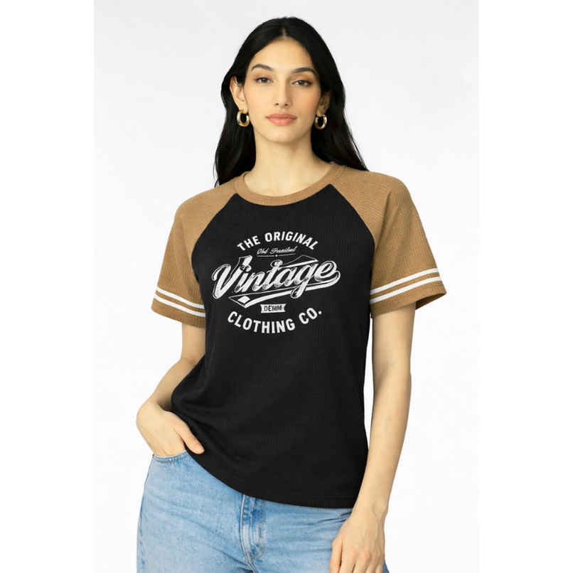 Try This Women's HF Sleeve Graphic Print Round Neck Tshirt | Black & Brown | M Try This Women's HF Sleeve Graphic Print Round Neck Tshirt | Black & Brown | M