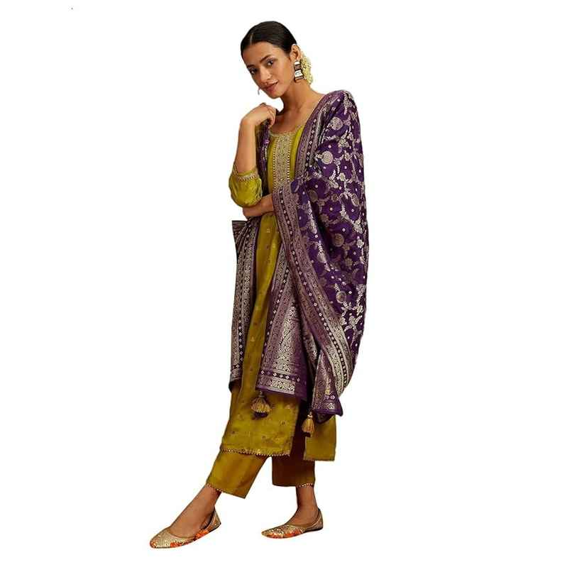 Libas Women Green Pure Silk Straight Kurta & Pure Silk Solid Trousers & Purple Dupatta - 48091S