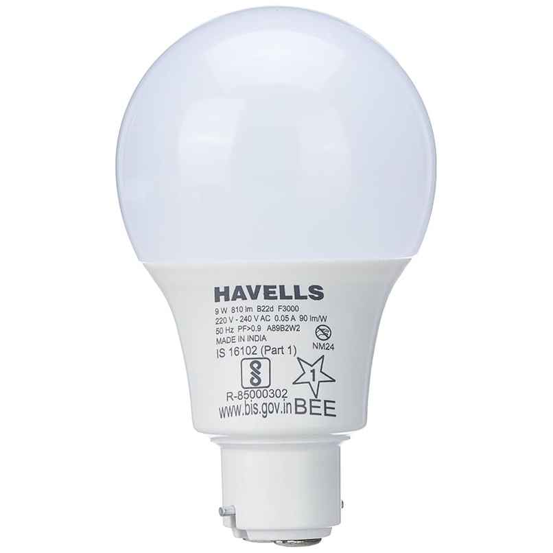 Havells 9W LED B22D Bulb, Upto 4KV Surge Protection, B22 Base Holder - Warm White(Light Yellow Colour)