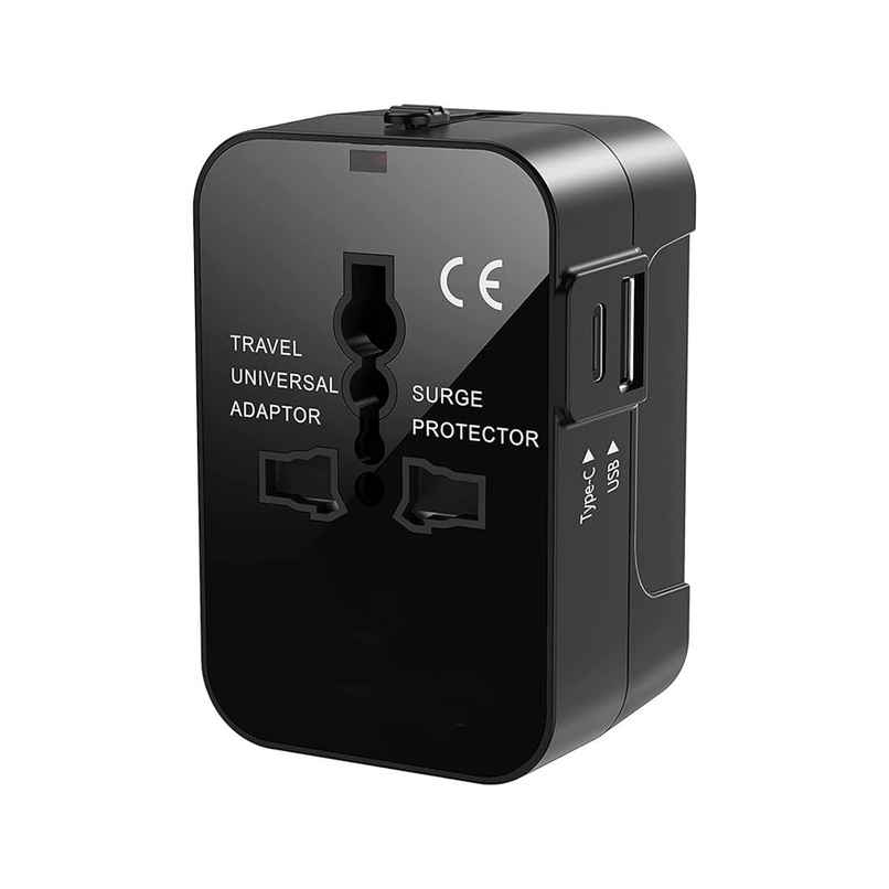Basics IND Universal Travel Adapter with Surge Protection & USB-C Charging All-in-One Global Power Converter/Compatible with Smartphones, Laptops, Camera, Mobiles, Tablets - Black