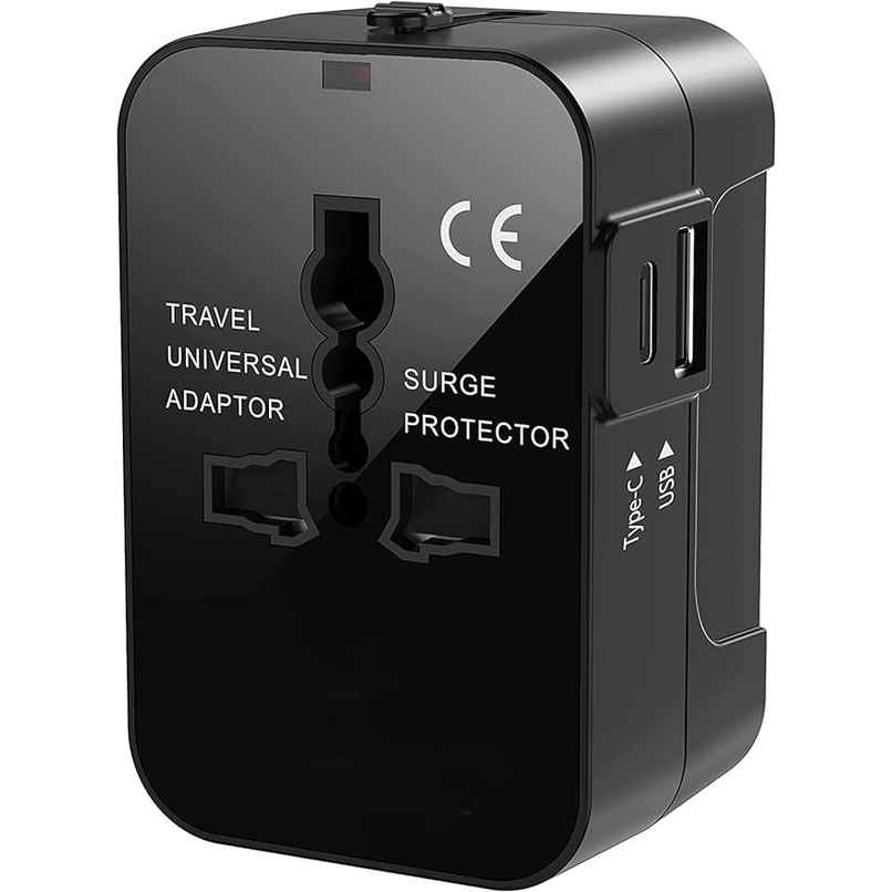 Basics IND Universal Travel Adapter with Surge Protection & USB-C Charging All-in-One Global Power Converter/Compatible with Smartphones, Laptops, Camera, Mobiles, Tablets - Black