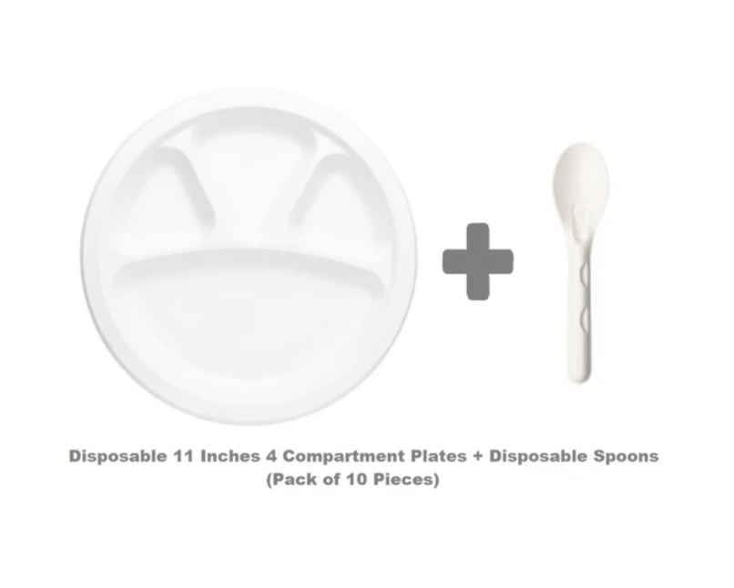 Sugarcane Fibre Bagasse Plates And Spoons | 11 inch | 4 Compartments Sugarcane Fibre Bagasse Plates And Spoons | 11 inch | 4 Compartments