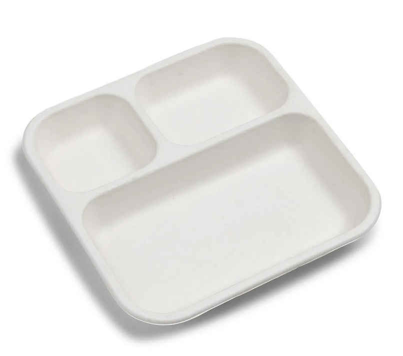 Sugarcane Fibre Disposable Plate | 9 inch | Square | 3 Compartments Sugarcane Fibre Disposable Plate | 9 inch | Square | 3 Compartments