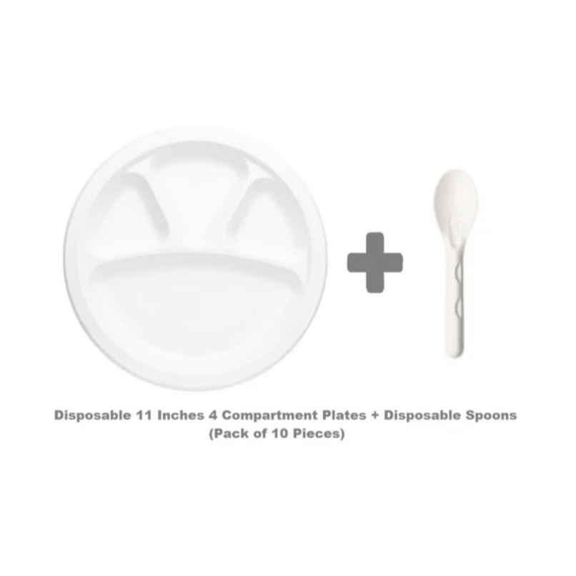 Disposable Bagasse Plate with Spoons | 4 Compartment | Combo Set | Tempware Disposable Bagasse Plate with Spoons | 4 Compartment | Combo Set | Tempware