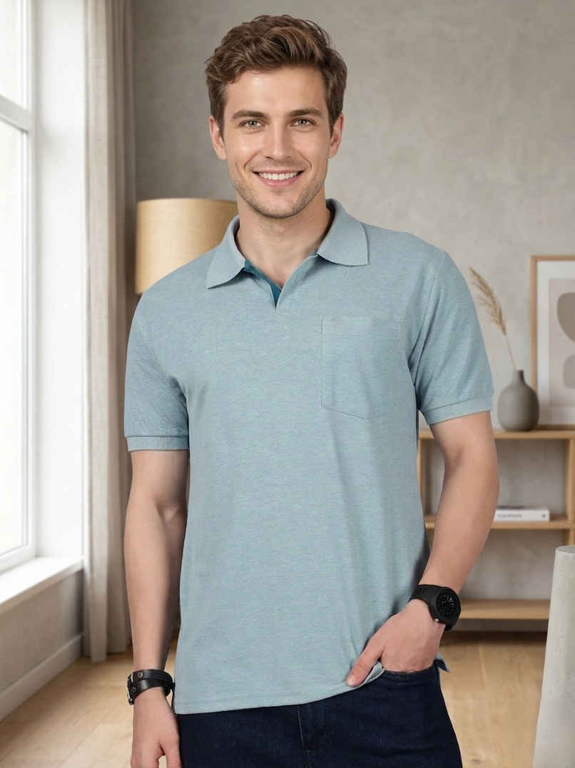 Lux Cozi Men's Solid Cotton Polo T-shirt with Pocket | Pal Green - XL