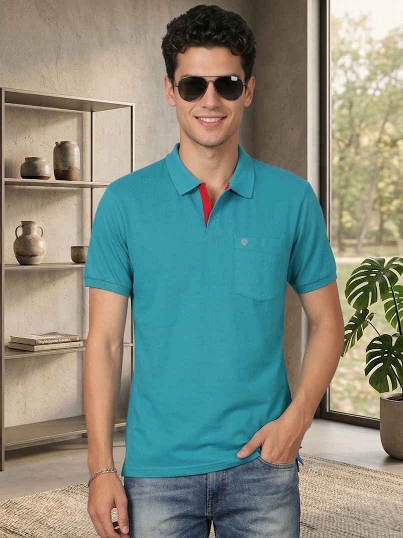 Lux Cozi Men's Solid Cotton Polo T-shirt with Pocket | Sea Green - XXL