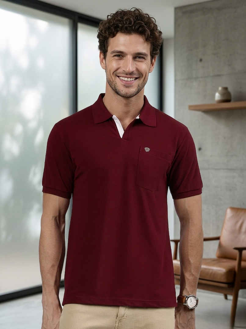 Lux Cozi Men's Solid Cotton Polo T-shirt with Pocket | Maroon - XXL