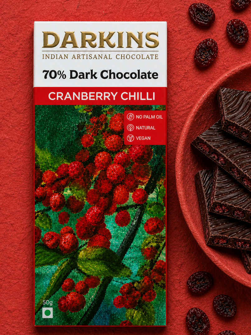 Darkins Indian Artisanal 70% Dark Cranberry & Chilli Chocolate Darkins Indian Artisanal 70% Dark Cranberry & Chilli Chocolate