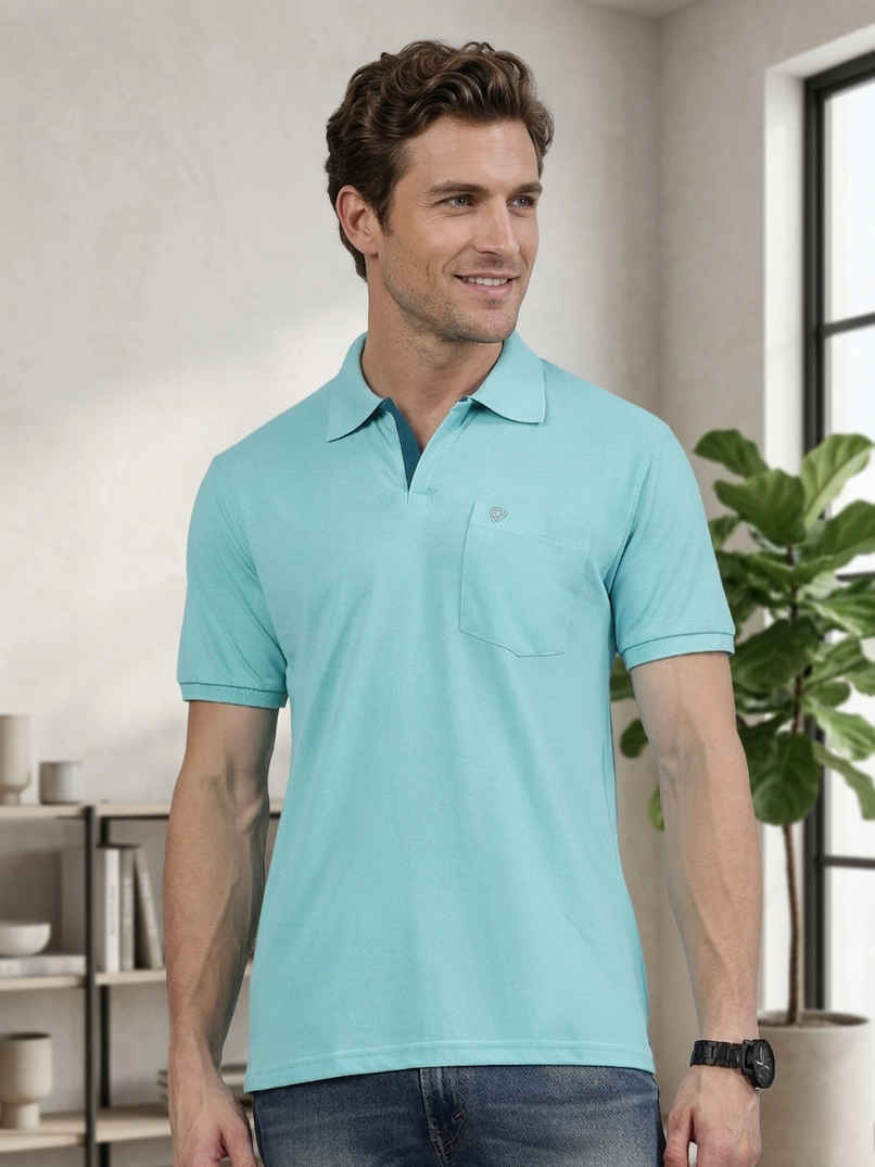 Lux Cozi Men's Solid Cotton Polo T-shirt with Pocket | Pool Blue - L