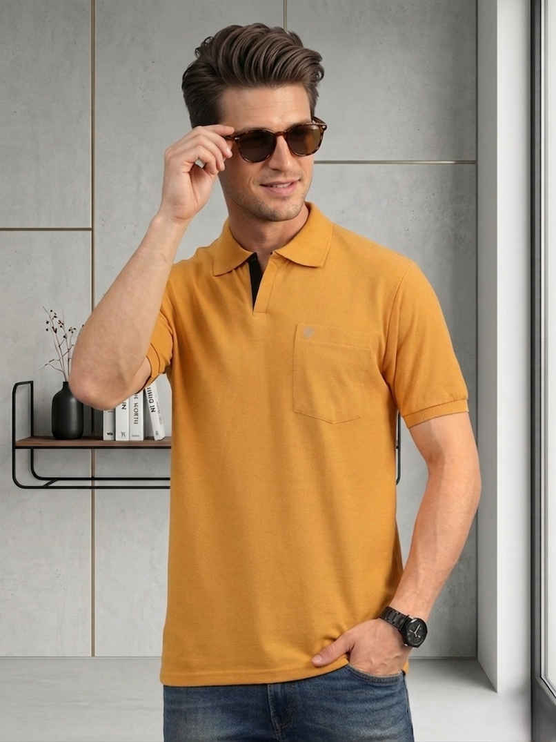 Lux Cozi Men's Solid Cotton Polo T-shirt with Pocket | Mustard - M