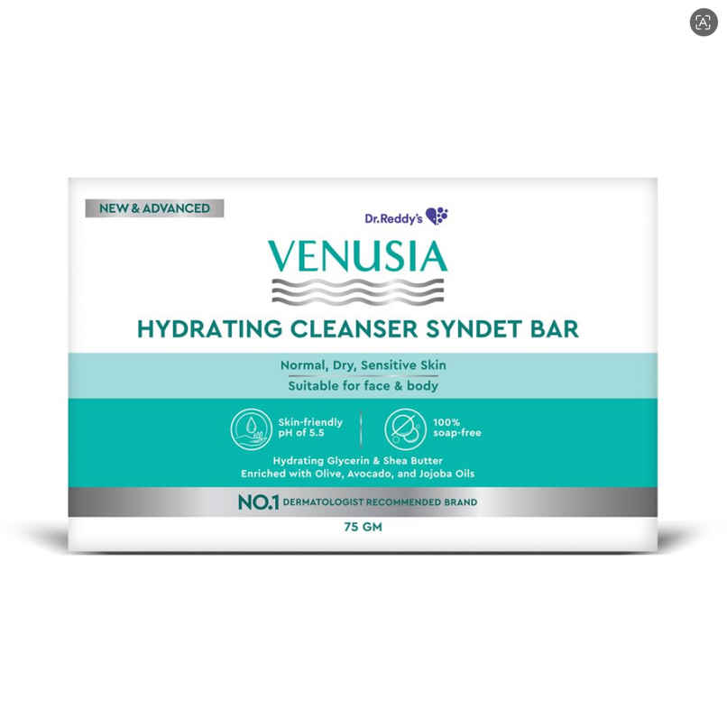Venusia Hydrating Cleanser Syndet Bar Soap Free pH 5.5 with Glycerin & Oils