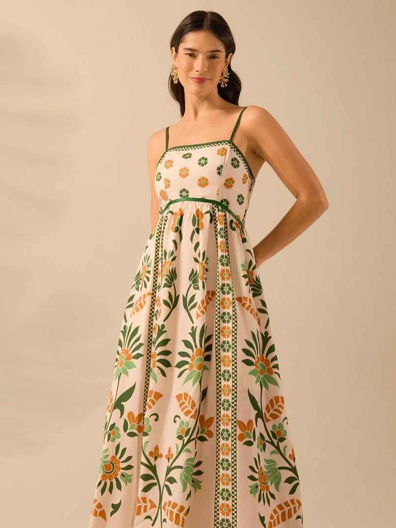 Sheetal Associates Women's Fit and Flare Maxi Full Length Dress | 12262 | Cream And Green - L