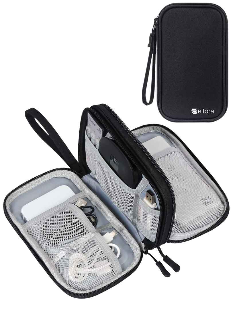 Elfora Cable Organizer Pouch Double Layer Travel Storage for Cables Chargers Power Bank | Black